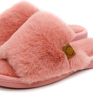Women's Faux Fur Open Toe Slippers Memory Foam Non slip House Shoes